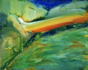 FIELDS ABOVE DINNET II. Oil on board 42 x 56cm framed. Private collection