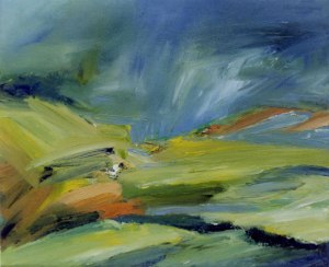 FIELDS ABOVE DINNET III. Oil on canvas over board, 26 x 32cm framed 50 x 55cm. Private collection