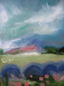 FIELDS ABOVE DINNET - LOOKING WEST. Oil on card, 38 x 31.5cm glazed + framed. Available for sale