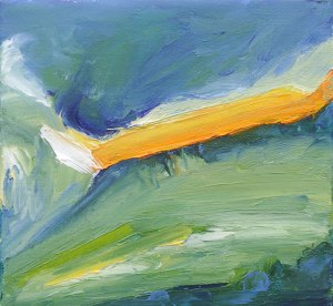 FIELDS ABOVE DINNET V. Oil on canvas over board, 15 x 16cm, framed 20 x 21 x 6cm. Available for sale