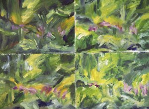FOUR SKETCHES OF SPRING GARDEN. Oil on cards, 55 x 75cm, glazed + frame 83 x 98cm. Available for sale