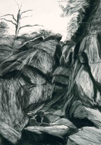 ROCK SKETCH V. Charcoal on paper, 42 x 29.5cm mounted, glazed + frame. Private collection