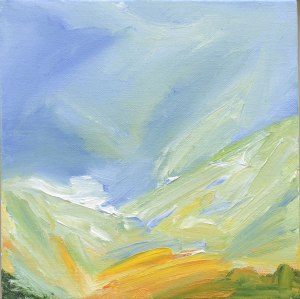 SUMMER IN MUICK VALLEY. Oil on canvas over board, 21.5 x 21.5cm, framed 26.5 x 26.5 x 6cm. Available for sale
