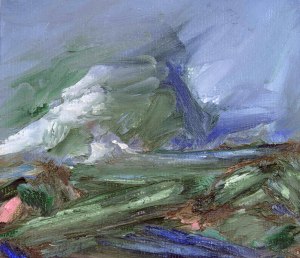 WINTER ON DEESIDE I. Oil on card, 26 x 32cm, glazed + frame. Private collection